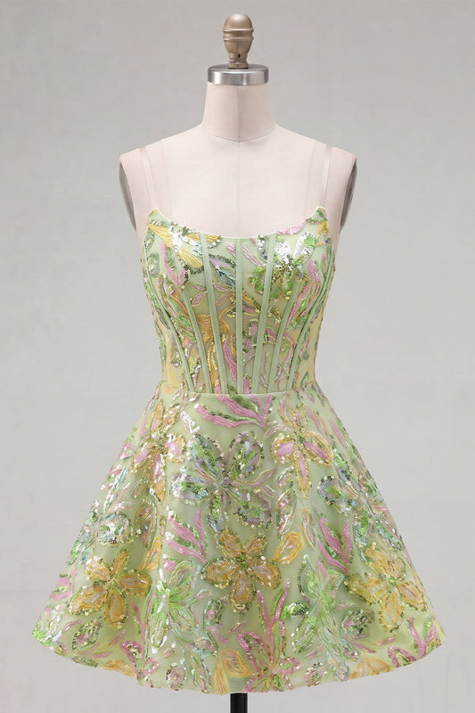 Robe courte de cocktail trapèze verte à corset et paillettes