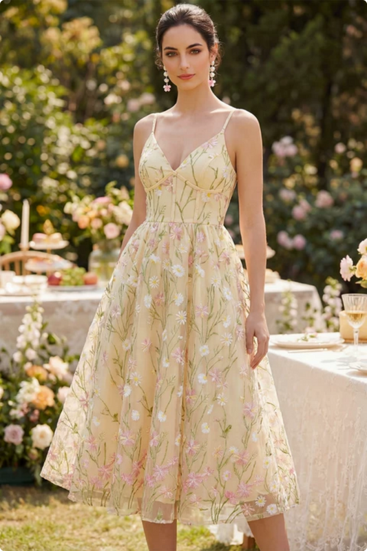 Light Yellow Corset Spaghetti Straps Floral A Line Midi Dress
