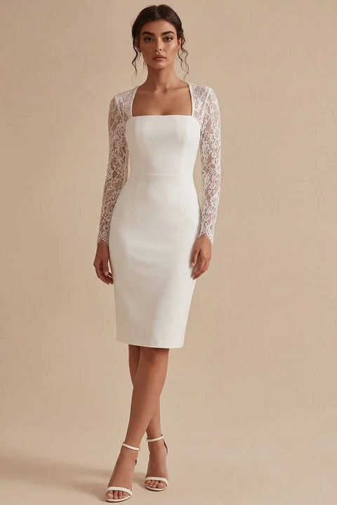 Robe de mariée midi blanche moulante avec fleurs et dentelle