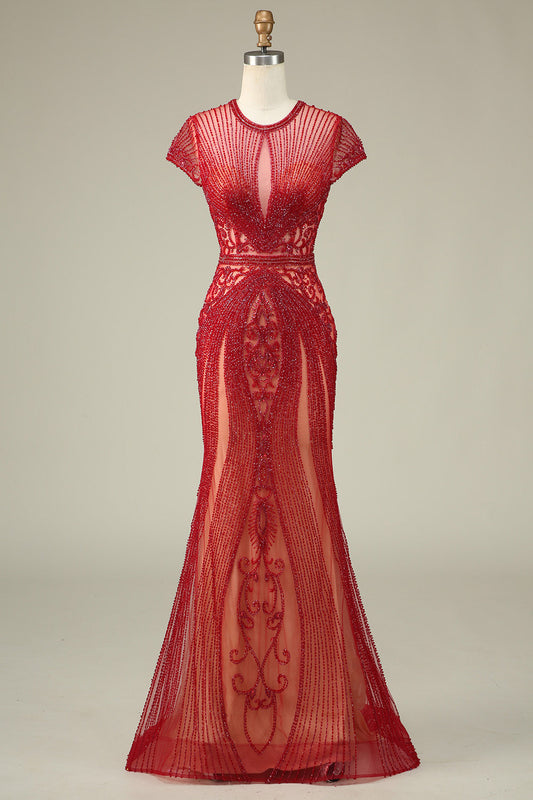 Magnifique Robe de Bal de sirène Rouge bordeaux à Col Bijou et Perles