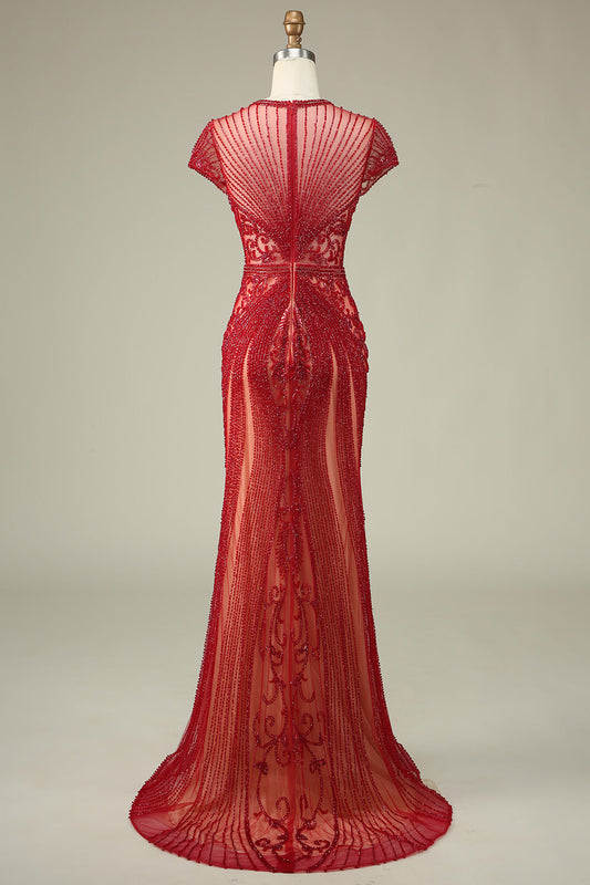 Magnifique Robe de Bal de sirène Rouge bordeaux à Col Bijou et Perles