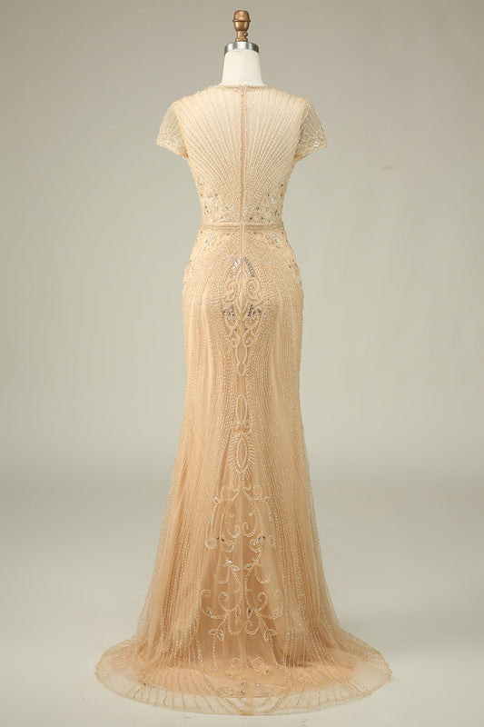 Robe de bal de luxe sirène champagne à col bijou et perles