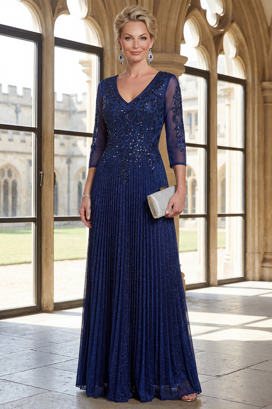 Vestido Navy Brillante Línea A con Escote en V y Plisado para Madrina