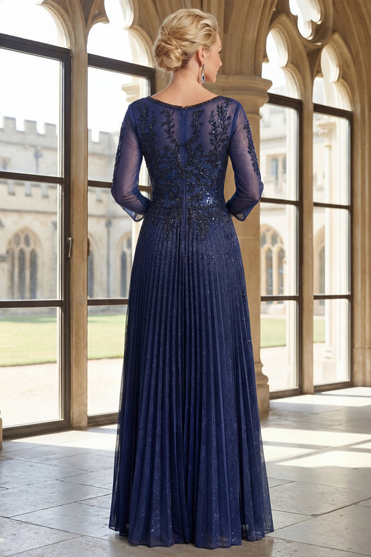 Vestido Navy Brillante Línea A con Escote en V y Plisado para Madrina