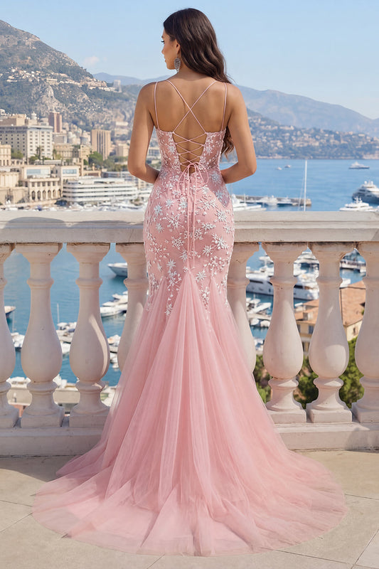 Pink V-Neck Mermaid Appliqued Tulle Prom Dress