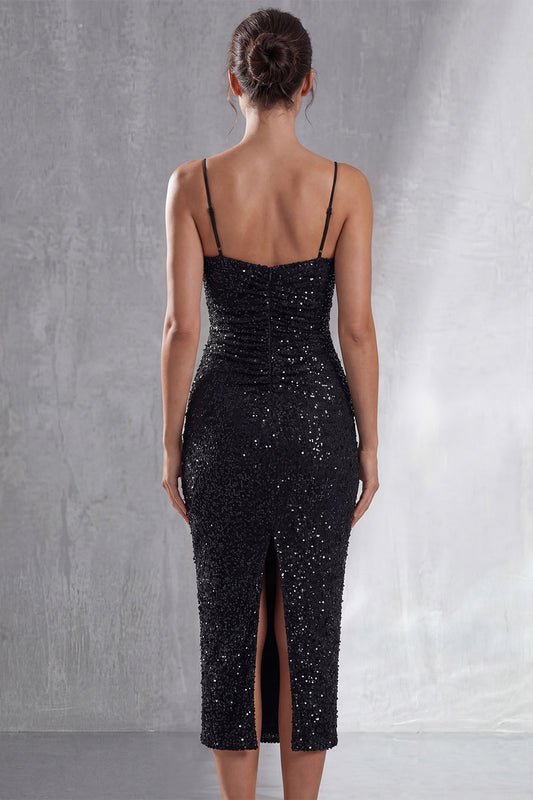 Sparkly Black Spaghetti Straps Sheath Midi Dress