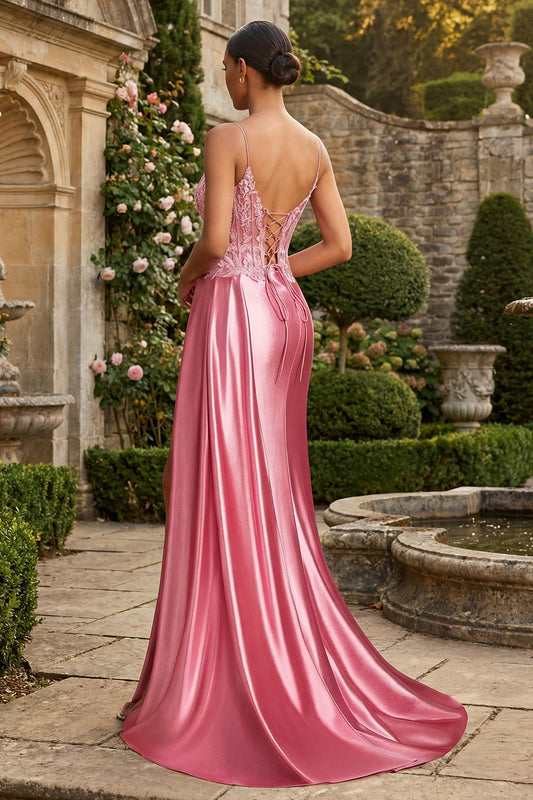 Pink Appliqued Mermaid Spaghetti Straps Long Prom Dress with Slit