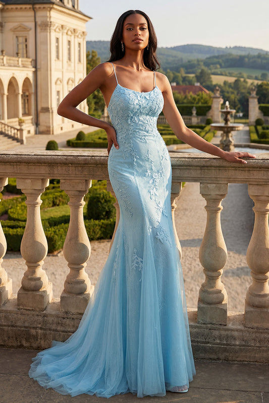 Mermaid Blue Appliqued Spaghetti Straps Long Prom Dress