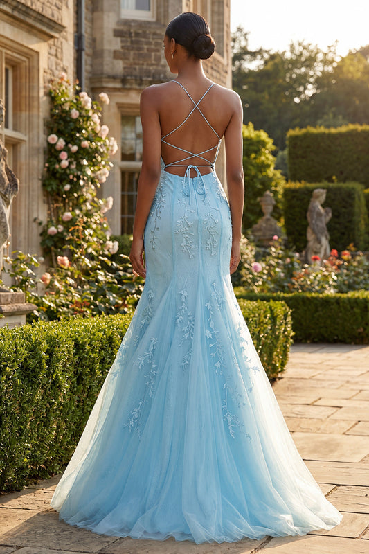 Mermaid Blue Appliqued Spaghetti Straps Long Prom Dress