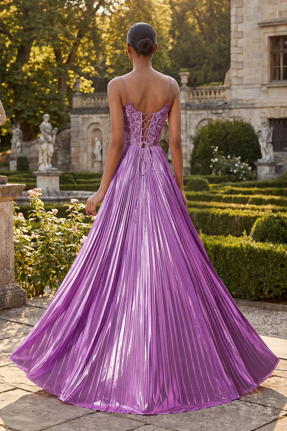 Purple A Line Appliqued Pleated Long Prom Dress with Slit