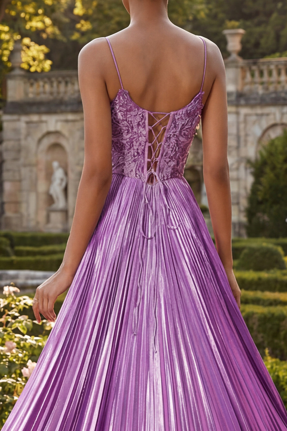 Purple A Line Appliqued Pleated Long Prom Dress with Slit