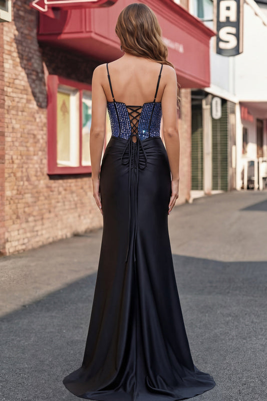 Black Beaded Mermaid Satin Prom Dress with Slit