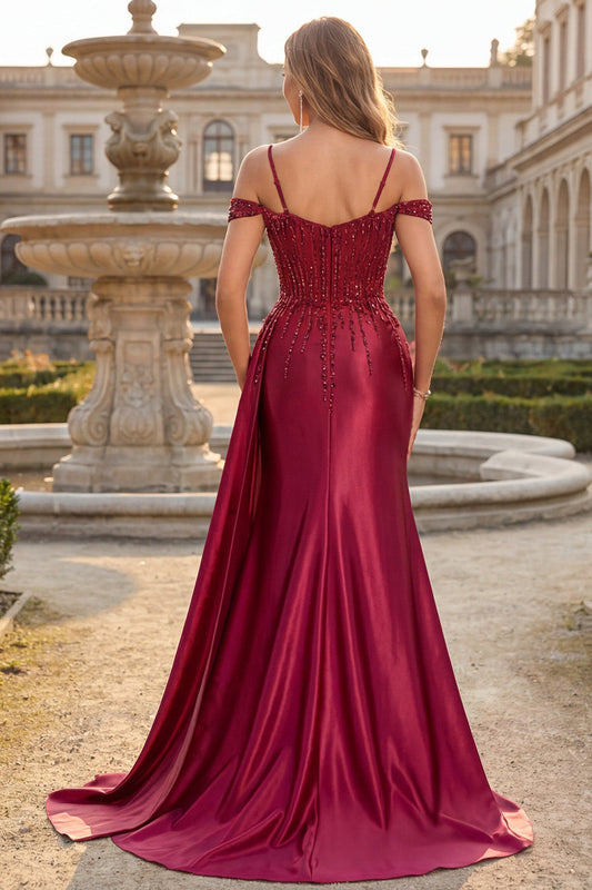 Burgundy Cold Shoulder Sequin Mermaid Long Prom Dress with Slit