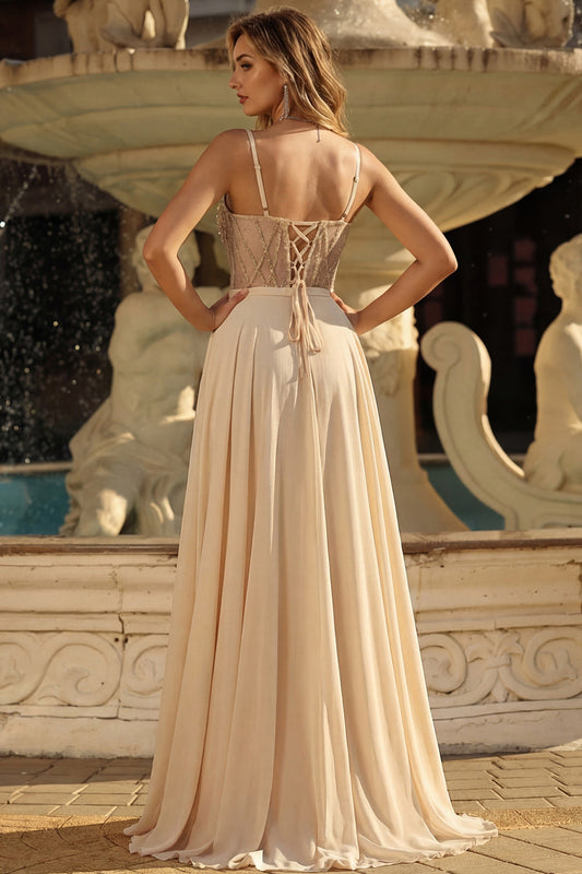 Champagne Sequin A Line Sheer Corset Long Prom Dress with Slit