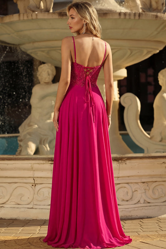 Rose A Line Lace Up Back Spaghetti Straps Long Prom Dress with Slit