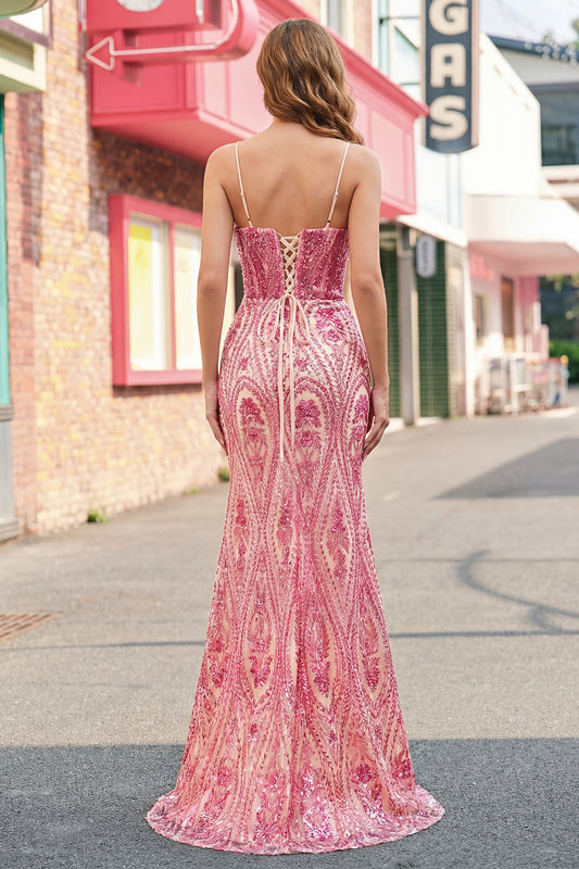 Pink Beaded Mermaid Long Prom Dress