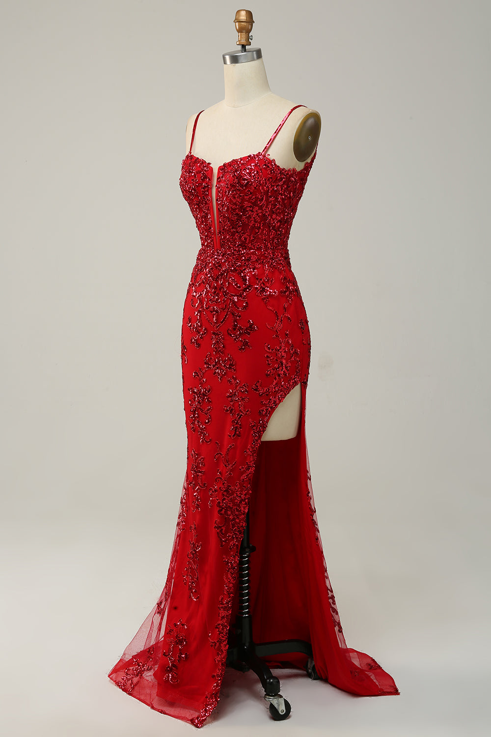 Robe de bal longue sirène à bretelles spaghetti, bleu roi, à paillettes, avec fente frontale
