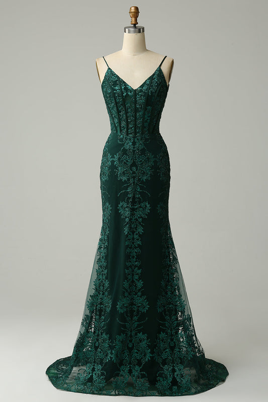 Robe de bal sirène vert paon à fines bretelles avec appliques