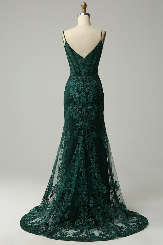 Robe de bal sirène vert paon à fines bretelles avec appliques