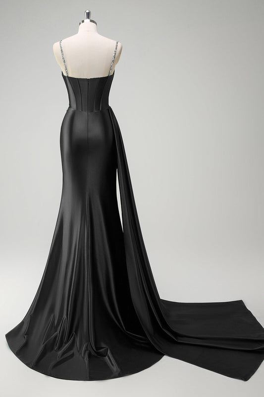 Sparkly Black Mermaid Side Streamer Sequined Corset Satin Prom Dress with Slit