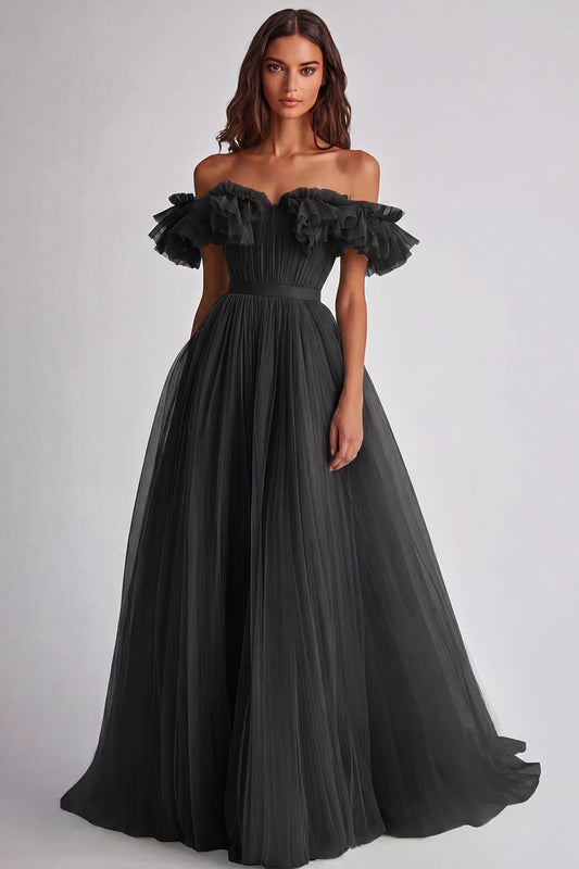 Off the Shoulder A-Line Yellow Long Prom Dress with Ruffles