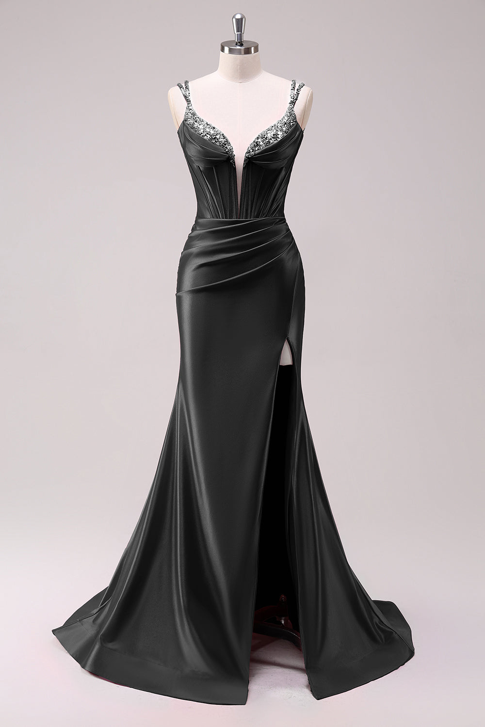 Robe de Bal Sirène Vert Sauge à Bretelles Fines avec Corset et Paillettes, Fendue
