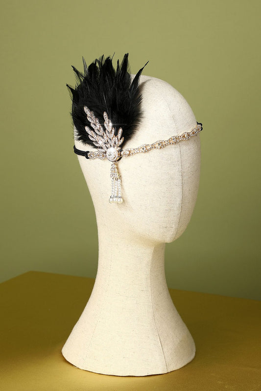 Diadema Flapper de los Años 20 con Cuentas y Plumas Negra