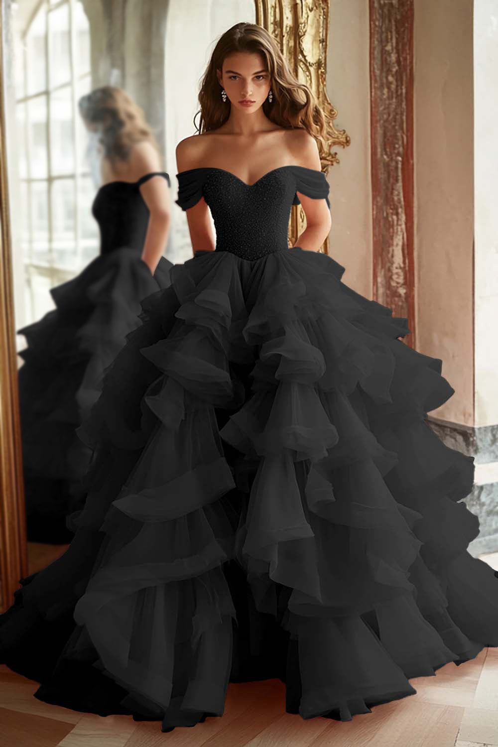 Pink Princess Off-The-Shoulder Tiered Ruffled Long Prom Dress with Sequins