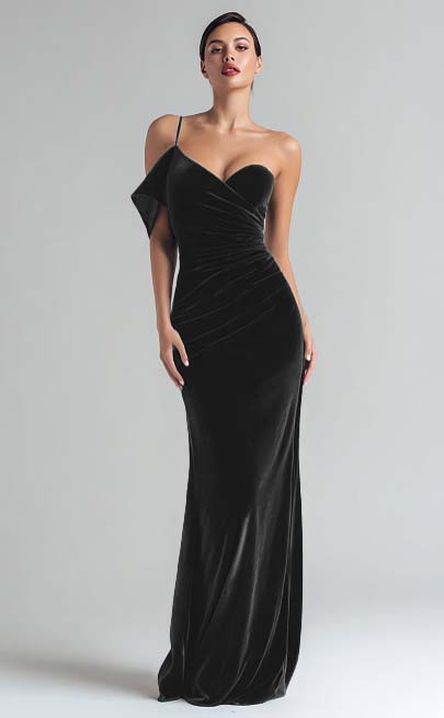 Robe de soirée longue fourreau en velours vert foncé à une épaule