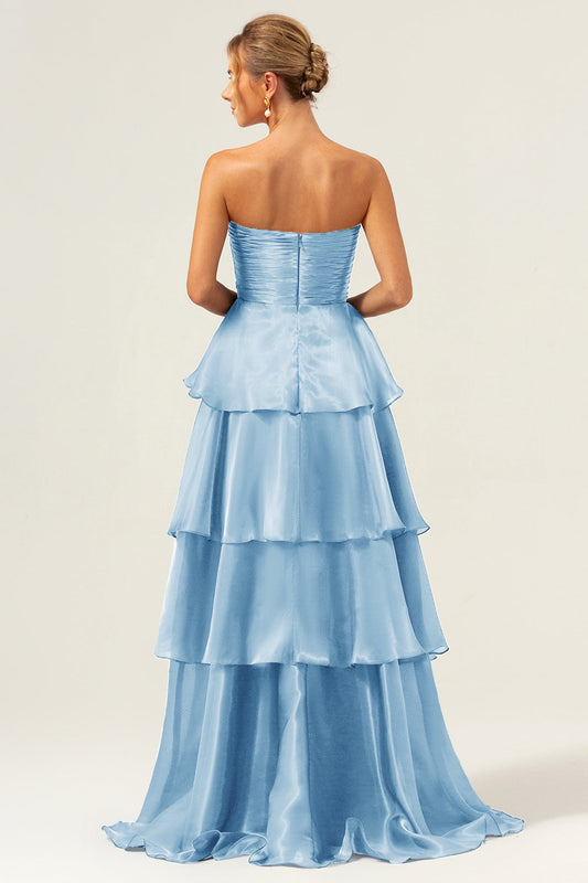 Robe de bal longue en satin bleu ligne A sans bretelles à volants