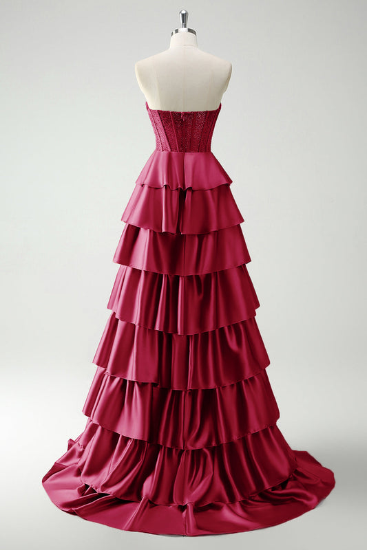 Robe de Bal Longue Princesse Bourgogne Corset Perlé Volanté Fendue