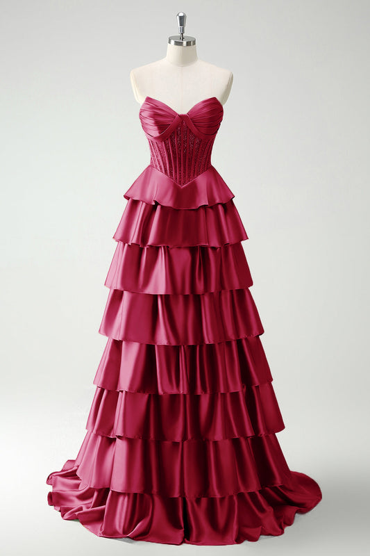 Robe de Bal Longue Princesse Bourgogne Corset Perlé Volanté Fendue