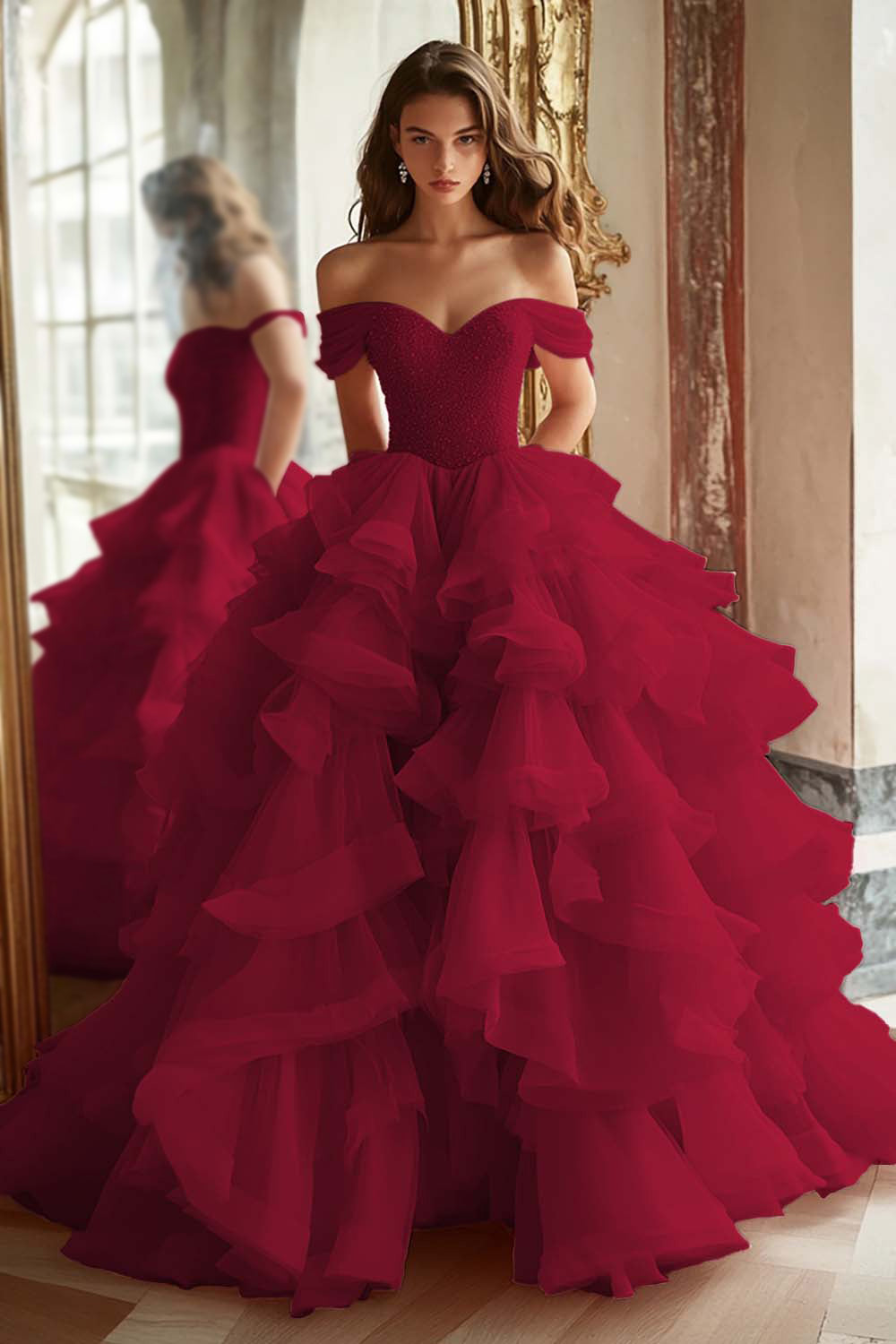 Pink Princess Off-The-Shoulder Tiered Ruffled Long Prom Dress with Sequins