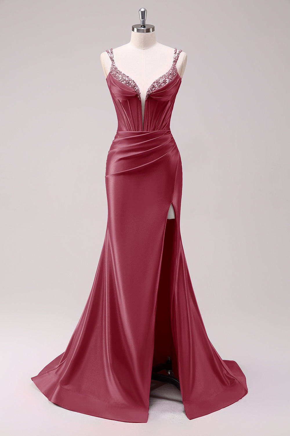 Robe de Bal Sirène Vert Sauge à Bretelles Fines avec Corset et Paillettes, Fendue