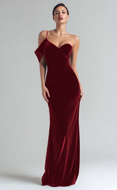 Robe de soirée longue fourreau en velours vert foncé à une épaule