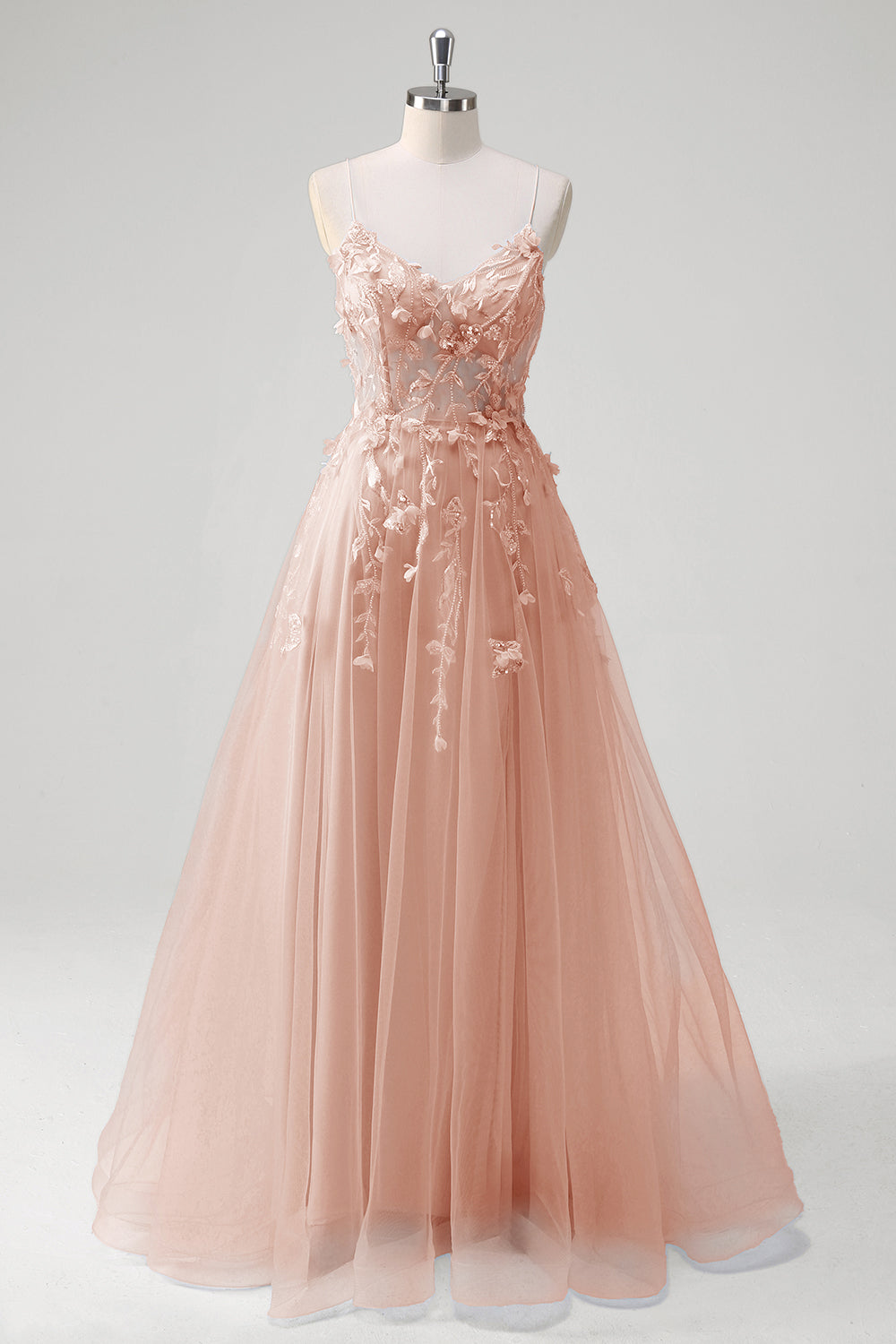 Blue A-Line Spaghetti Strap Appliqued Corset Long Tulle Prom Dress