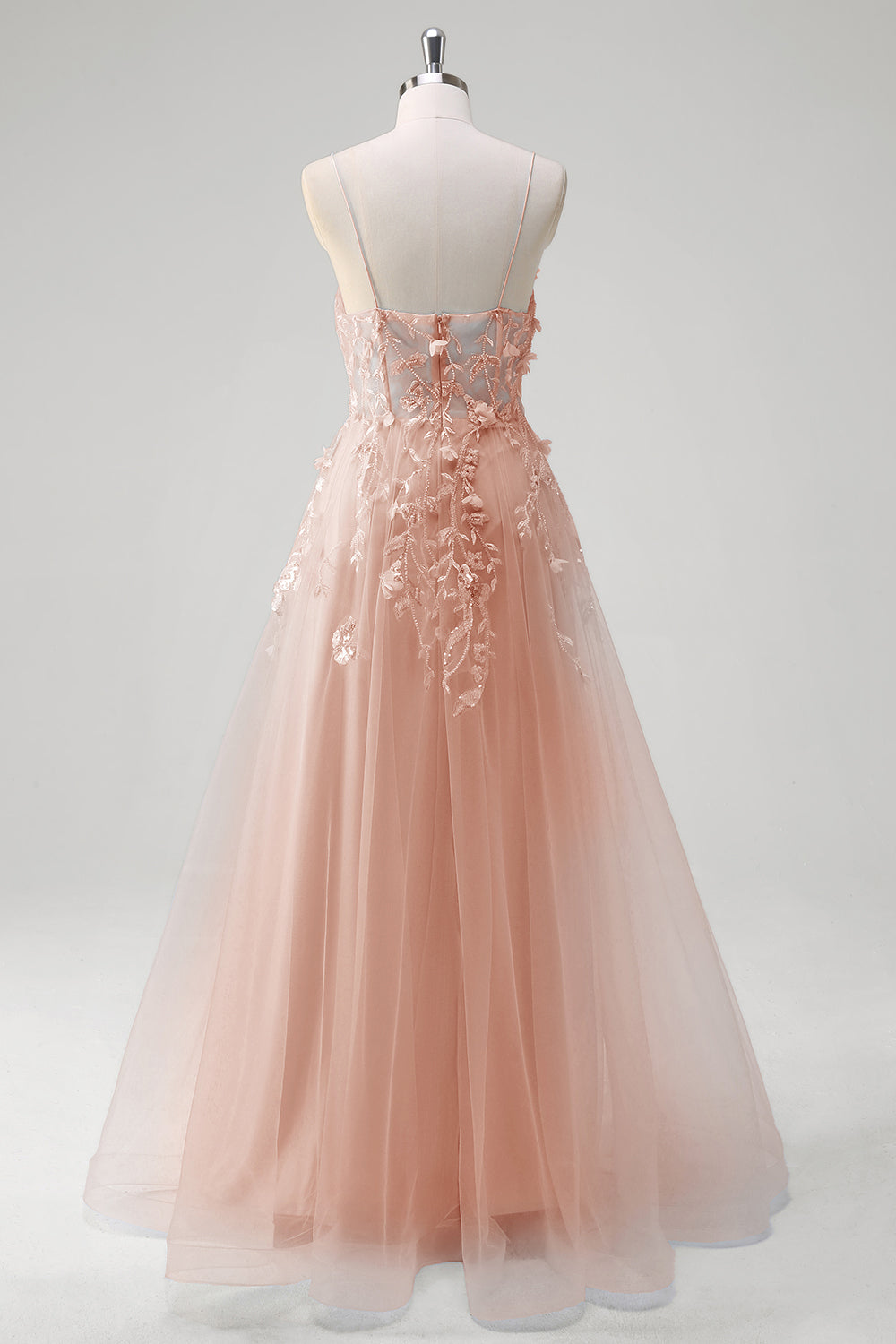 Blue A-Line Spaghetti Strap Appliqued Corset Long Tulle Prom Dress