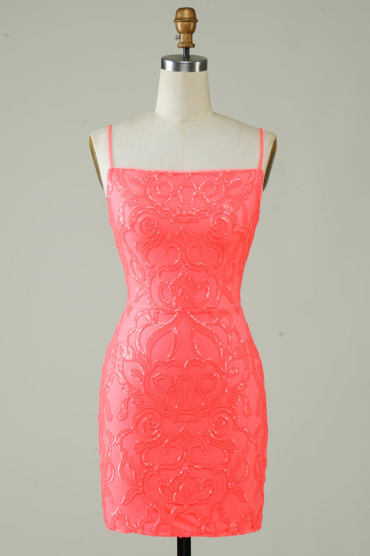 Robe de bal moulante courte à bretelles spaghetti, couleur pêche à paillettes
