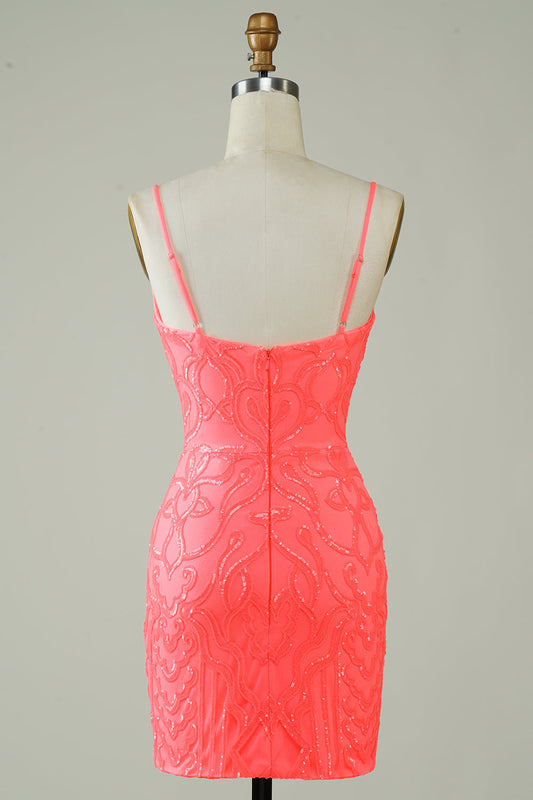 Robe de bal moulante courte à bretelles spaghetti, couleur pêche à paillettes