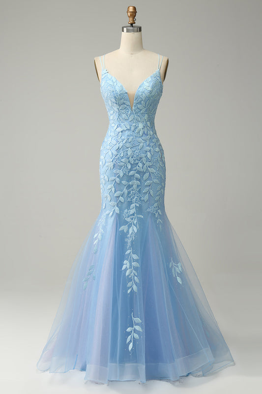 Robe longue de bal sirène bleue à bretelles spaghetti avec appliques