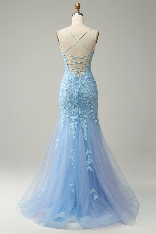 Robe longue de bal sirène bleue à bretelles spaghetti avec appliques