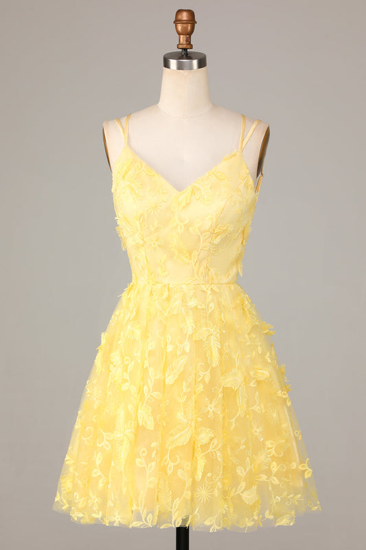 Robe Courte de Demoiselle d'Honneur Jaune Évasée à Bretelles Fines avec Appliques Keep Glowing