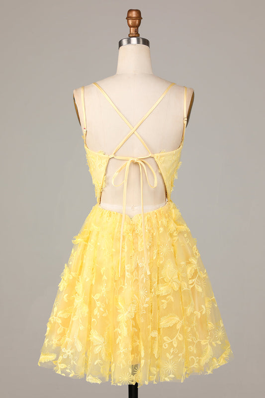 Robe Courte de Demoiselle d'Honneur Jaune Évasée à Bretelles Fines avec Appliques Keep Glowing