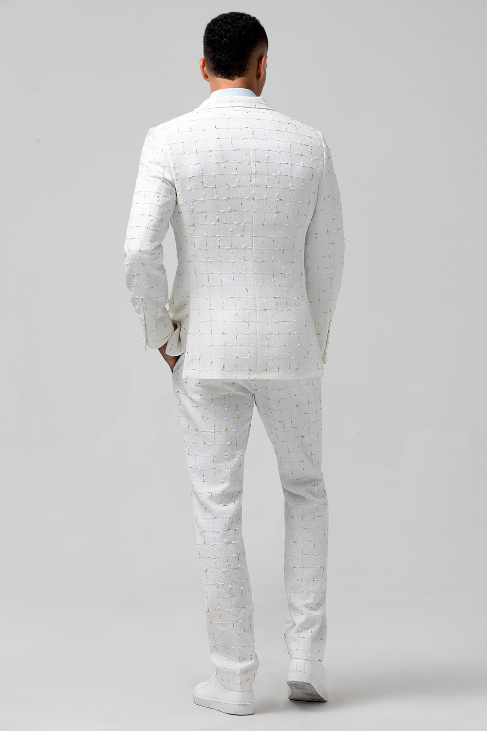 Costumes de mariage 2 pièces pour hommes à revers pointus et boutonnage simple en plaid blanc