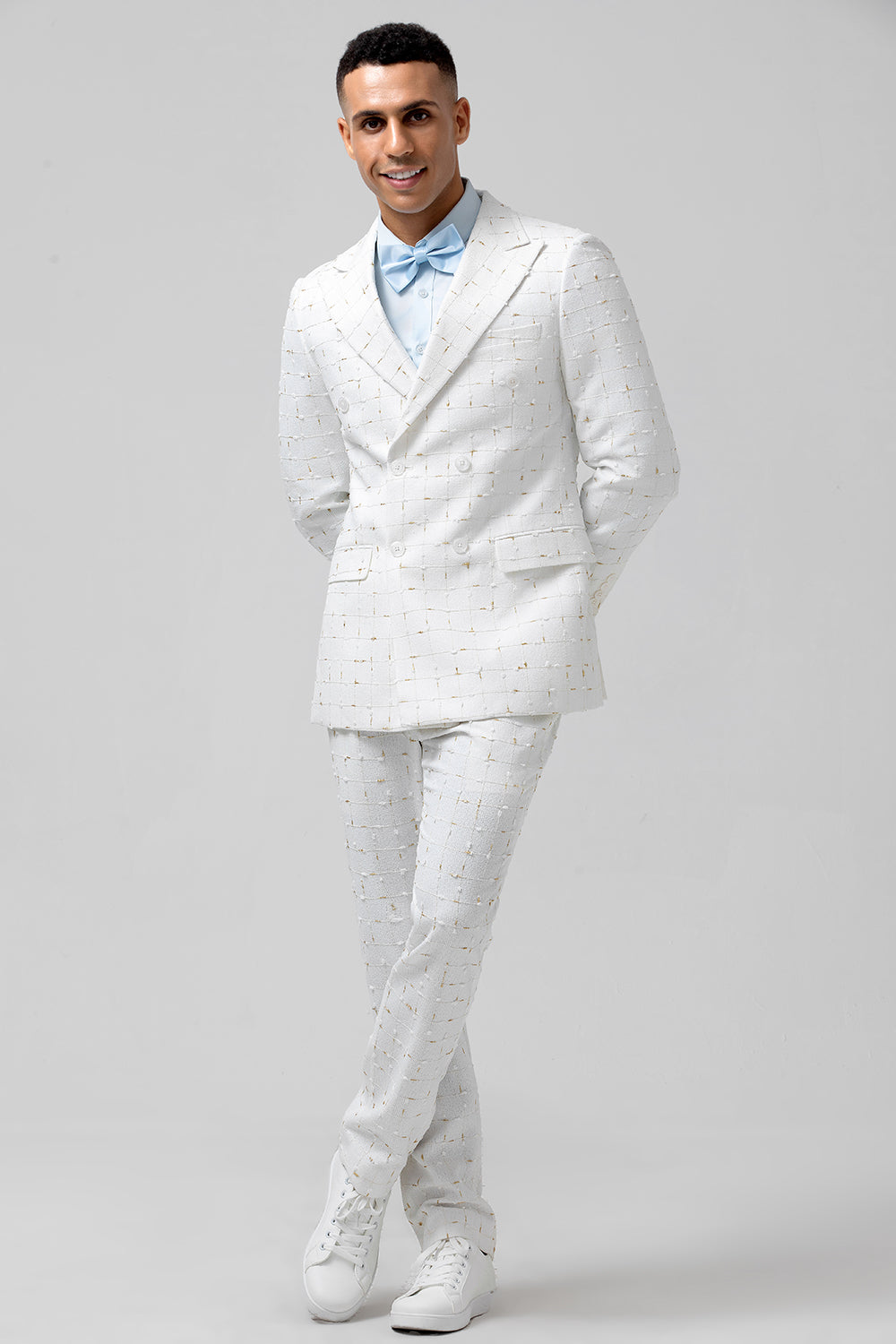 Costumes de mariage 2 pièces pour hommes à revers pointus et boutonnage simple en plaid blanc