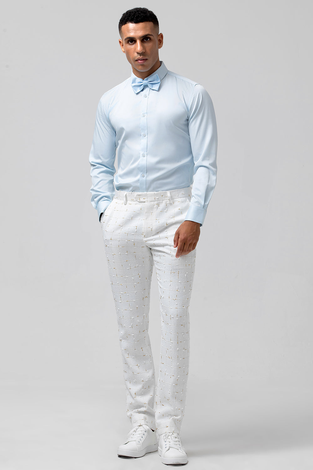 Costumes de mariage 2 pièces pour hommes à revers pointus et boutonnage simple en plaid blanc