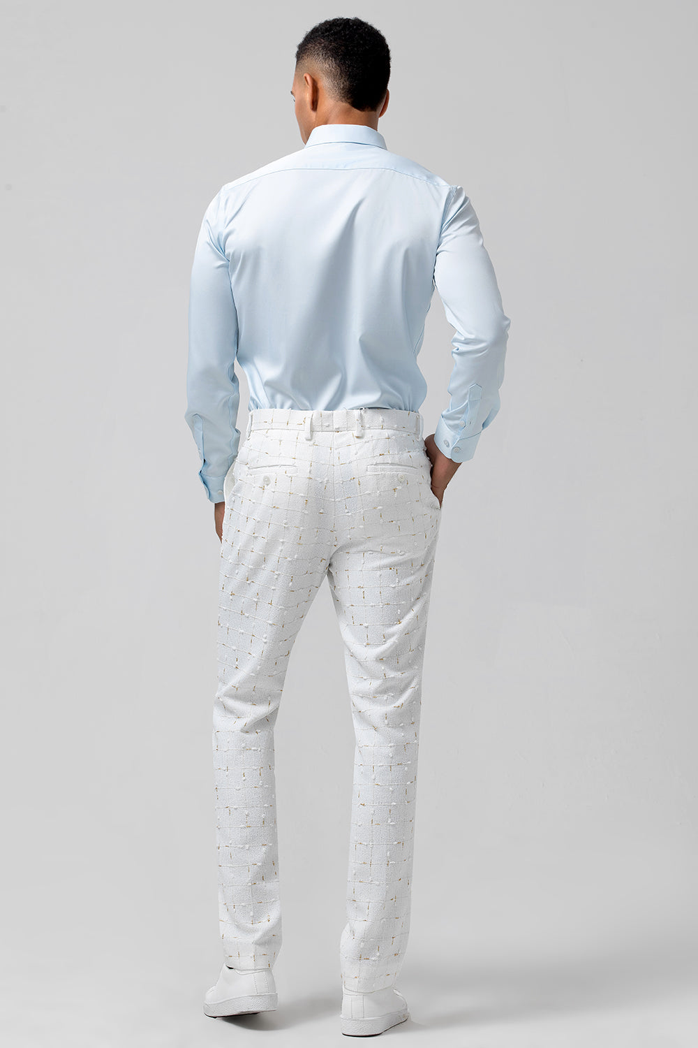 Costumes de mariage 2 pièces pour hommes à revers pointus et boutonnage simple en plaid blanc