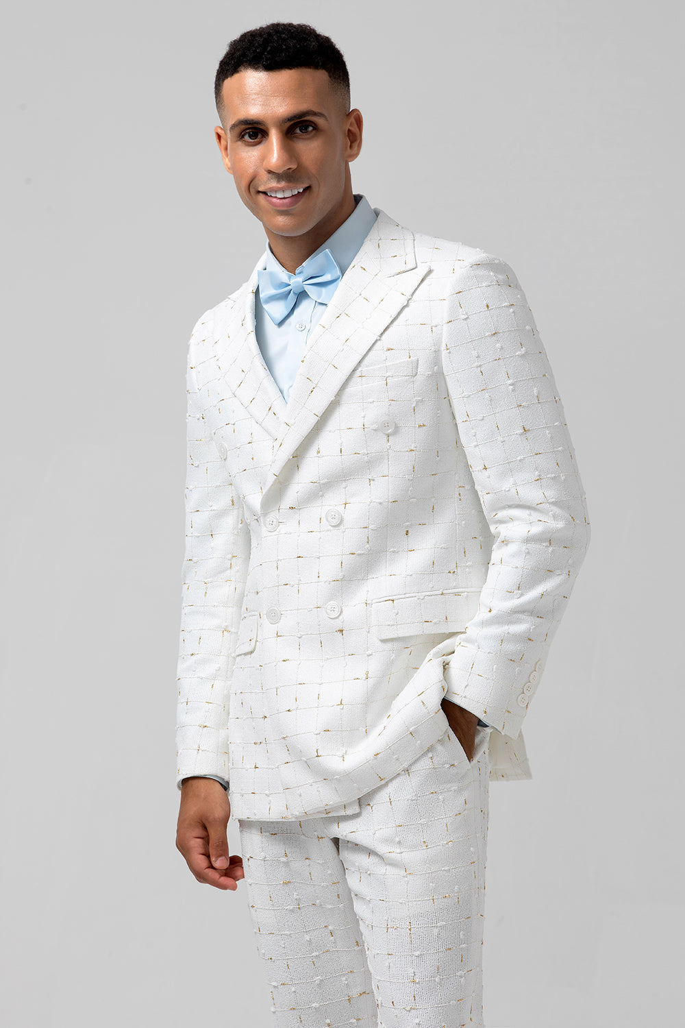 Costumes de mariage 2 pièces pour hommes à revers pointus et boutonnage simple en plaid blanc