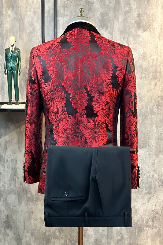Smoking homme bal de promo en jacquard bordeaux scintillant et revers châle
