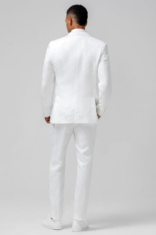 Costume pour homme 2 pièces blanc jacquard à revers cranté et coupe ajustée, double boutonnage